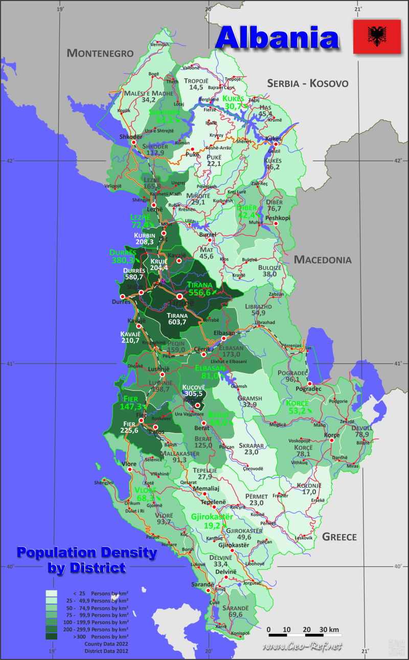 Map Albania - Administrative division - Population density 2022