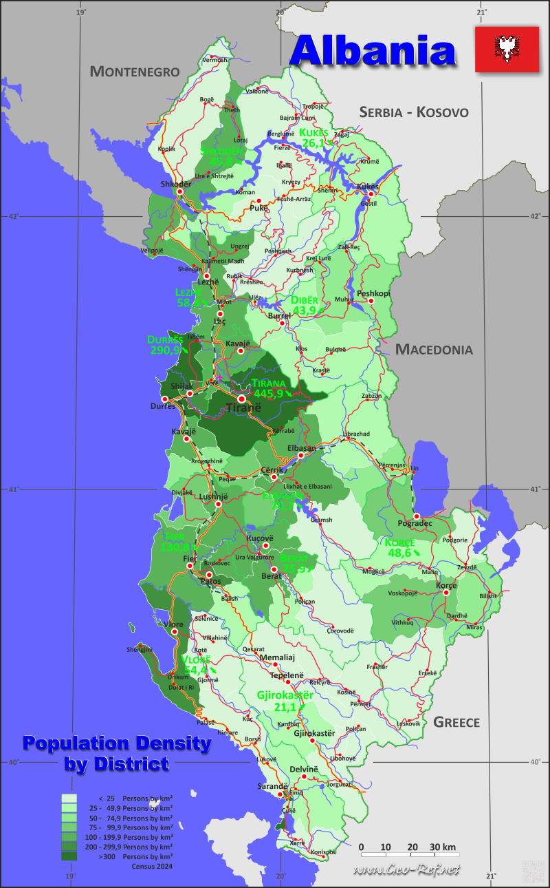 Karte Albanien - Verwaltungsstruktur - Bevölkerungsdichte 2022