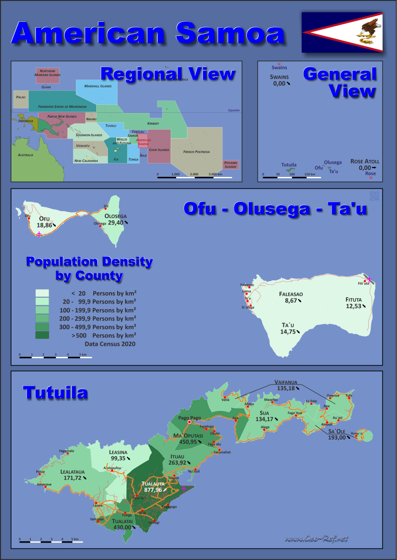 Mapa Samoa Americana División administrativa - Densidad de población 2020