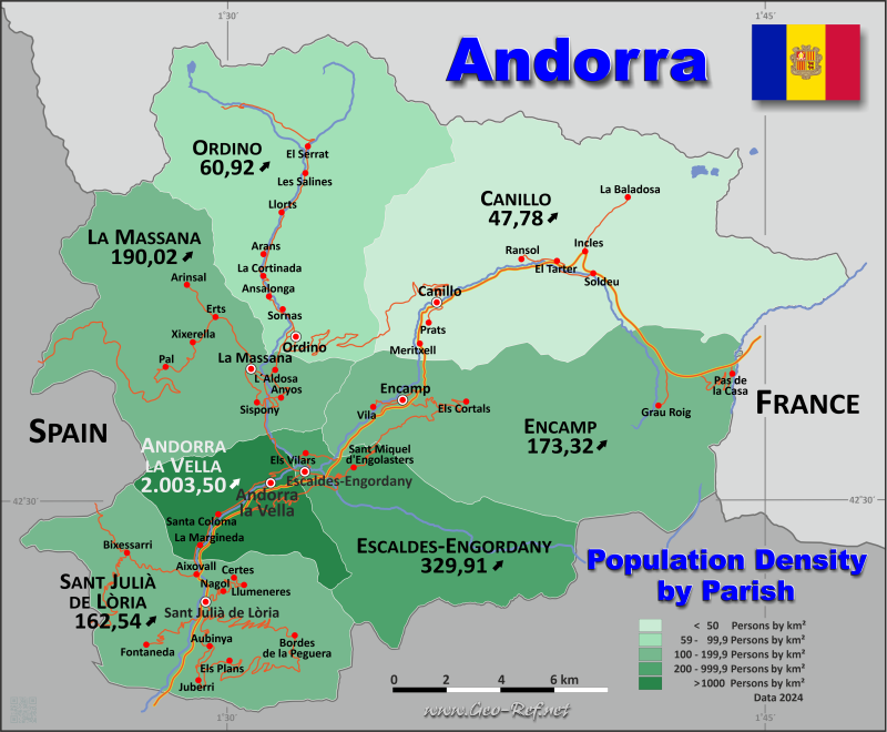 Karte Andorra - Verwaltungsstruktur - Bevölkerungsdichte 2022
