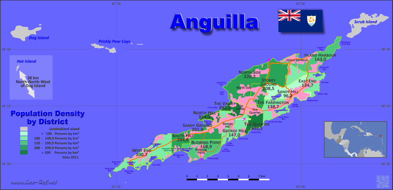 Mapa Anguila División administrativa - Densidad de población 2020