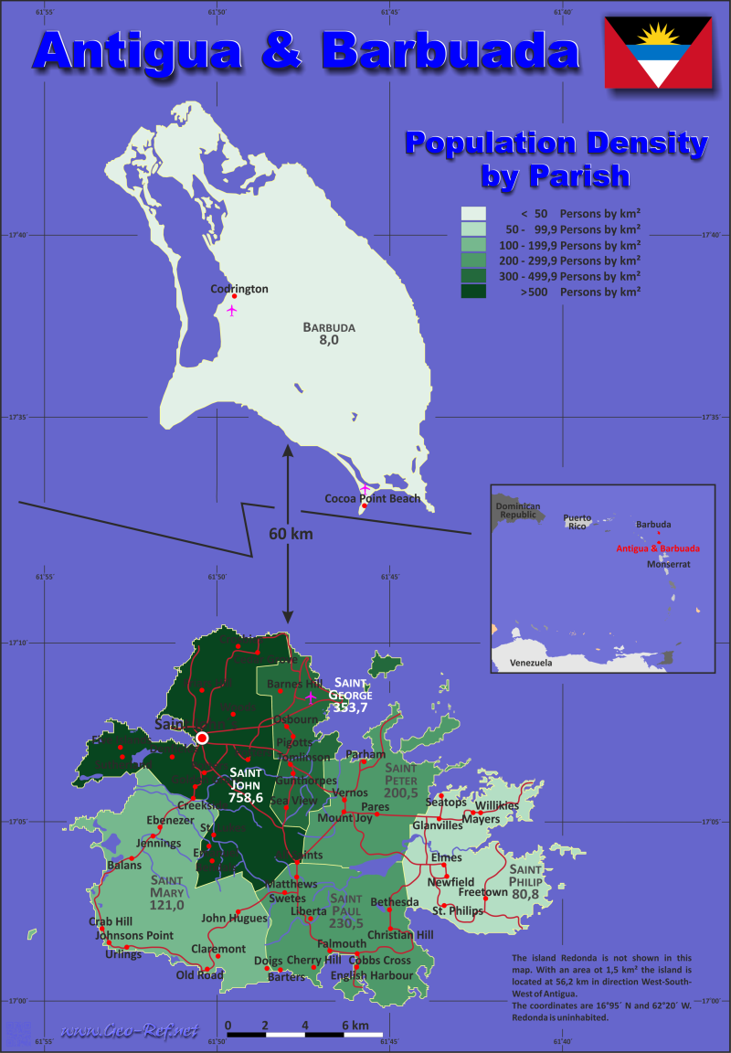 Mapa Antigua y Barbuda División administrativa - Densidad de población 2011