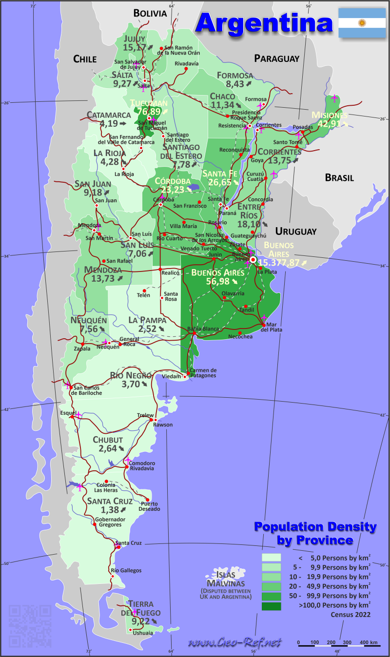 Karte Argentinien - Verwaltungsstruktur - Bevölkerungsdichte 2019