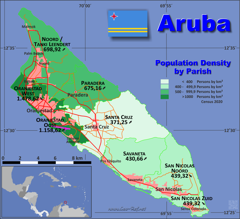 Mapa Aruba División administrativa - Densidad de población 2021