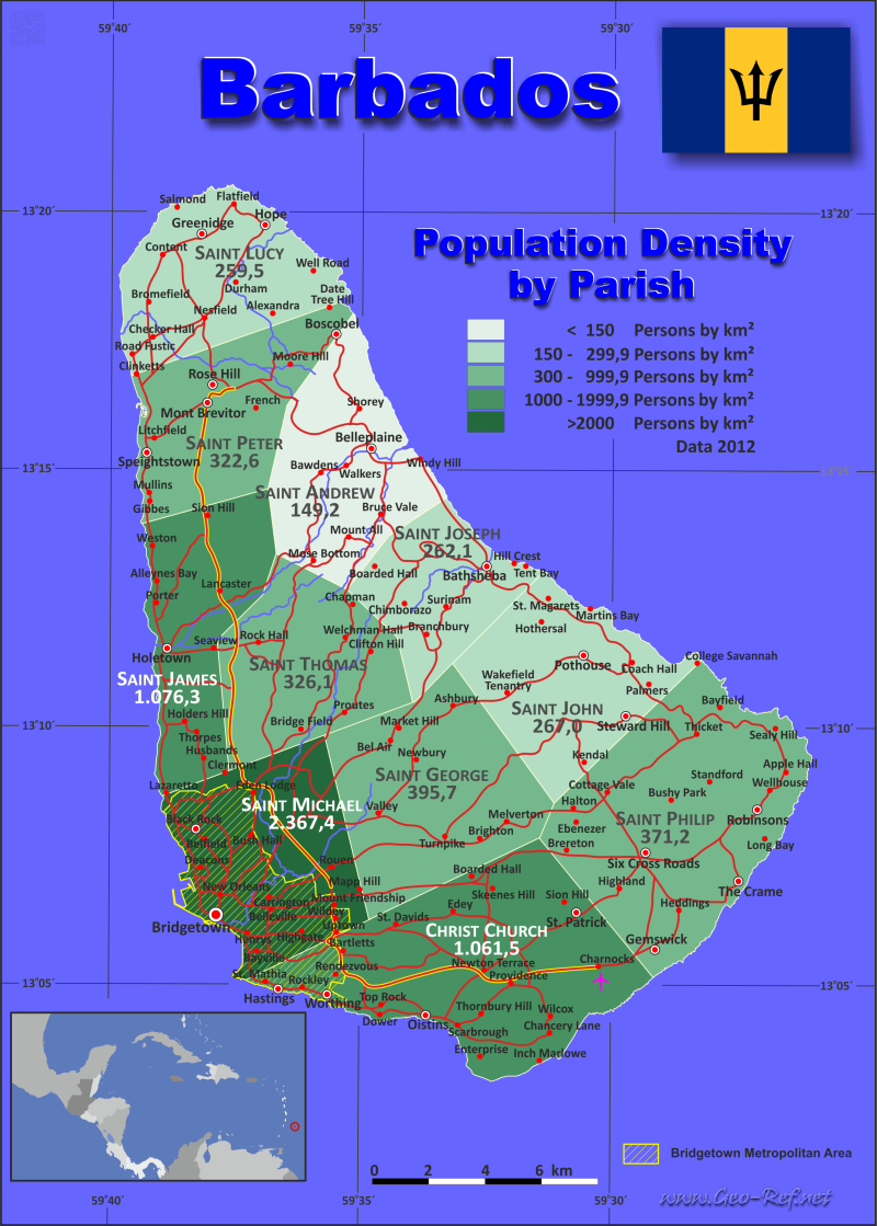 Mapa Barbados División administrativa - Densidad de población 2012