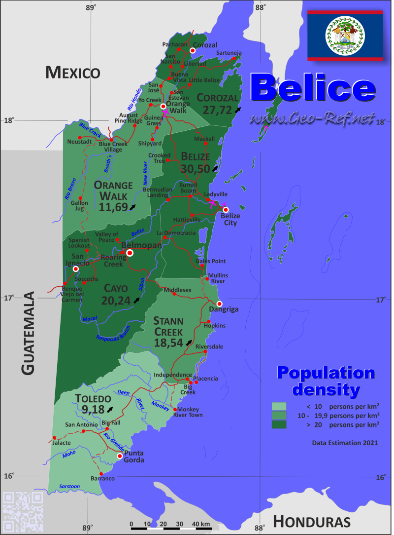 Mapa Belice División administrativa - Densidad de población 2021