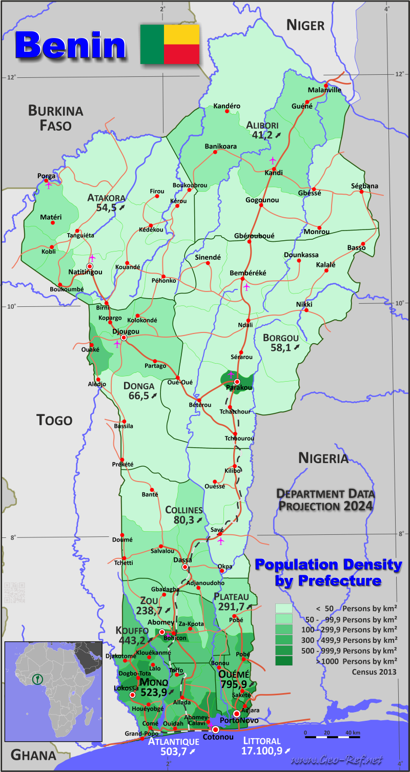 Mapa Benín División administrativa - Densidad de población 2022