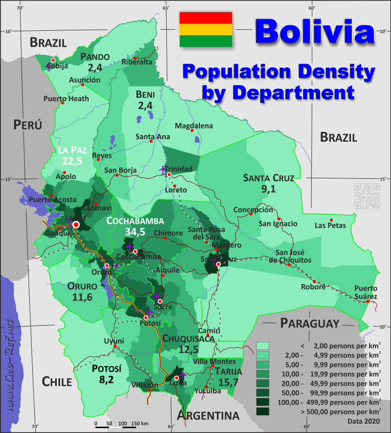 Karte Bolivien - Verwaltungsstruktur - Bevölkerungsdichte 2020