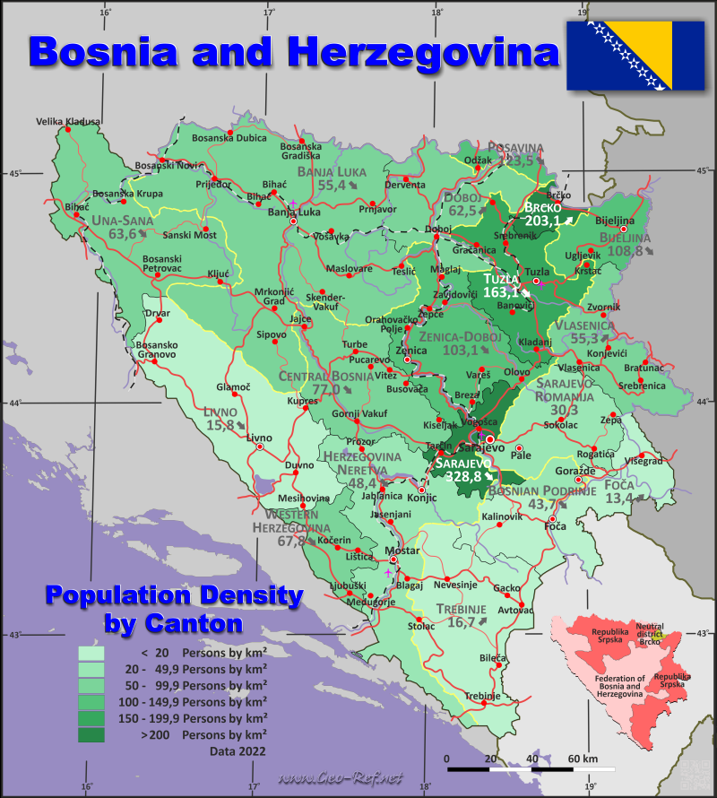 Mapa Bosnia y Herzegovina División administrativa - Densidad de población 2019
