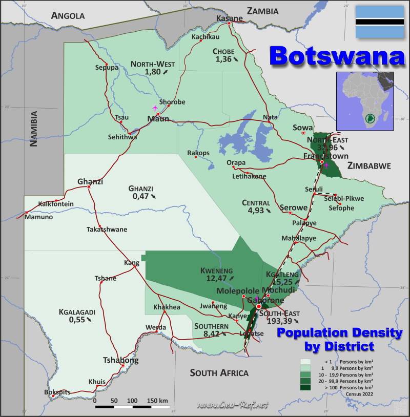 Mapa Botsuana División administrativa - Densidad de población 2022