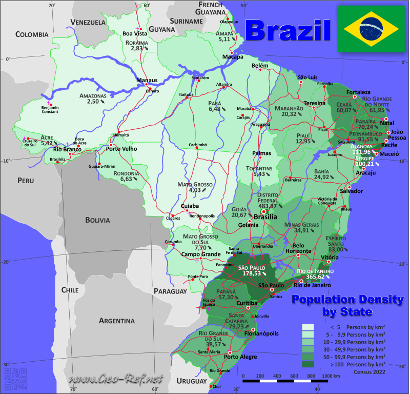 Mapa Brasil División administrativa - Densidad de población 2022