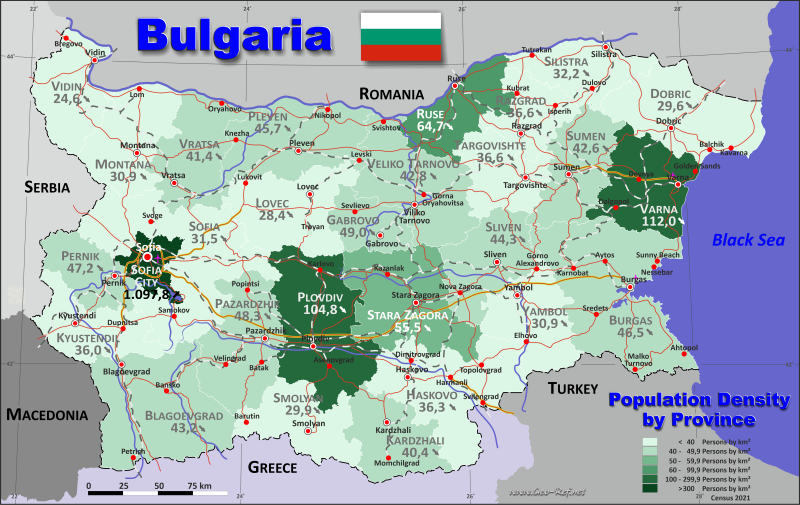 Karte Bulgarien - Verwaltungsstruktur - Bevölkerungsdichte 2021