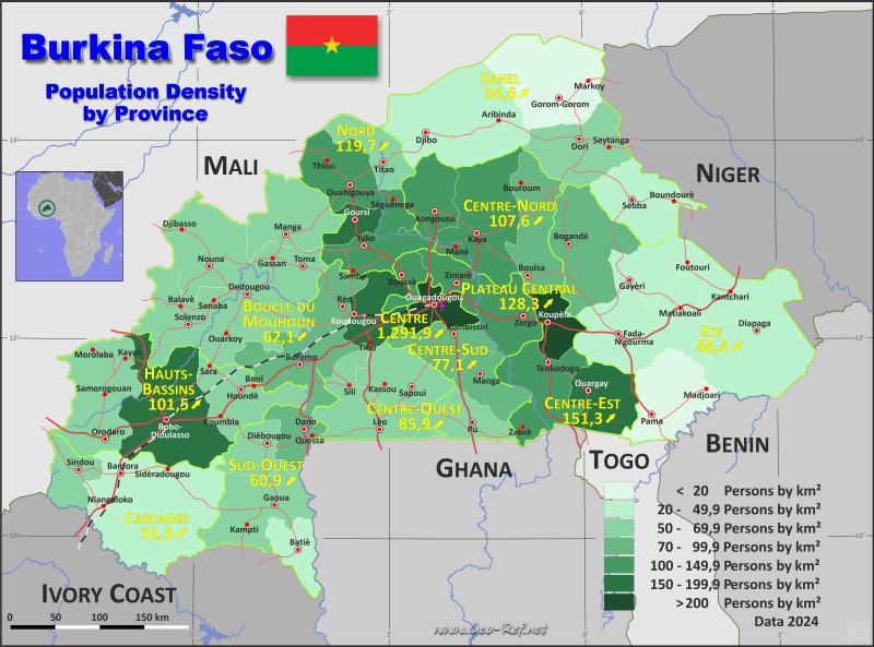 Mapa Burkina Faso División administrativa - Densidad de población 2019
