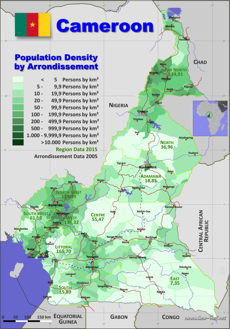 Mapa Camerún División administrativa - Densidad de población 2015