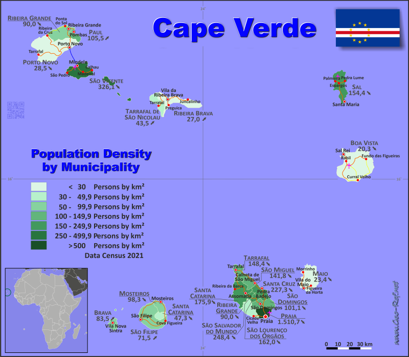 Mapa Cabo Verde División administrativa - Densidad de población 2021