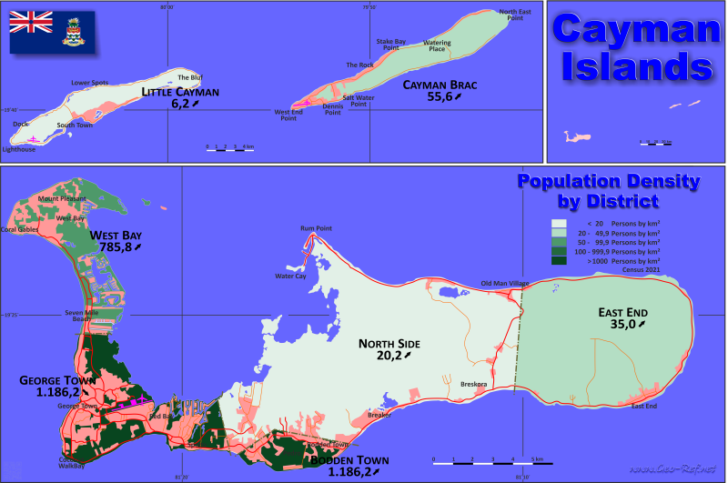 Mapa Islas Caimán División administrativa - Densidad de población 2021