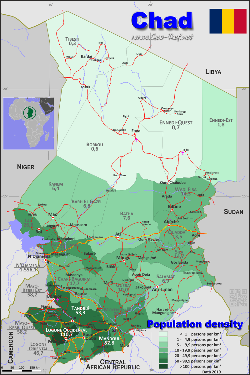 Mapa Chad División administrativa - Densidad de población 2019