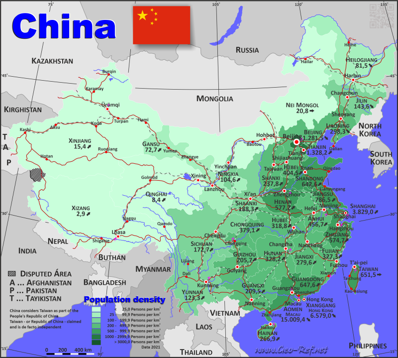 Mapa China División administrativa - Densidad de población 2021