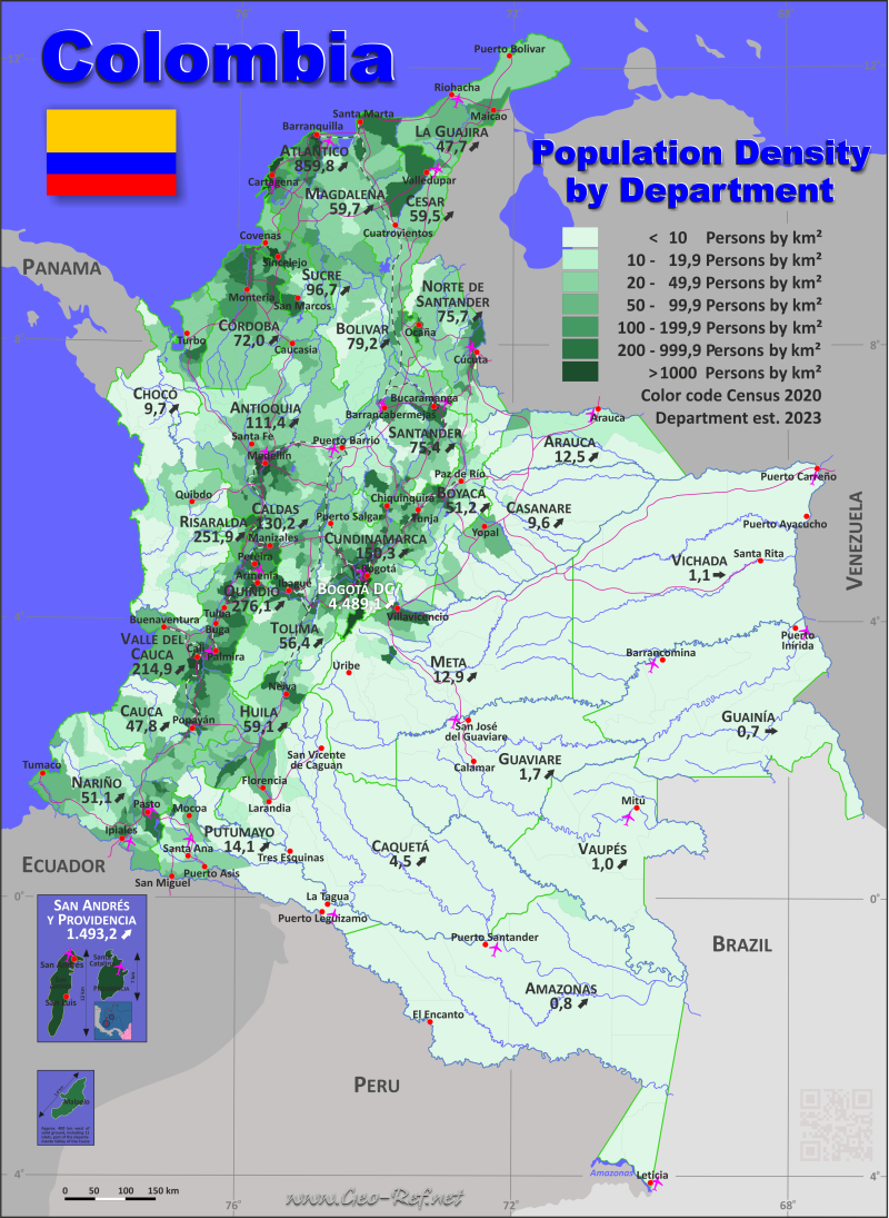 Karte Kolumbien - Verwaltungsstruktur - Bevölkerungsdichte 2023
