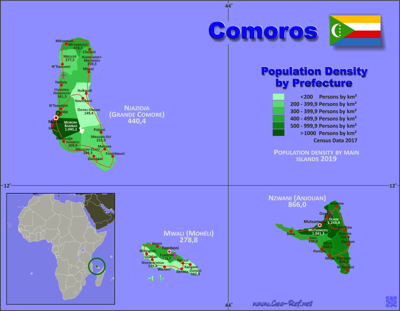Mapa Comoras División administrativa - Densidad de población 2019
