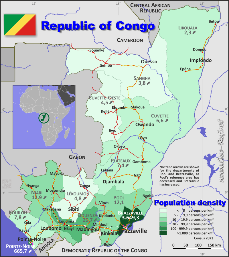 Mapa Congo - Brazaville Divisin administrativa - Densidad de población 2023