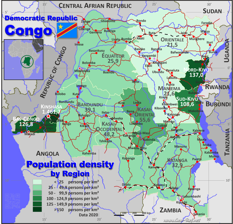 Karte Demokratische Republik Kongo - Verwaltungsstruktur - Bevölkerungsdichte 2020