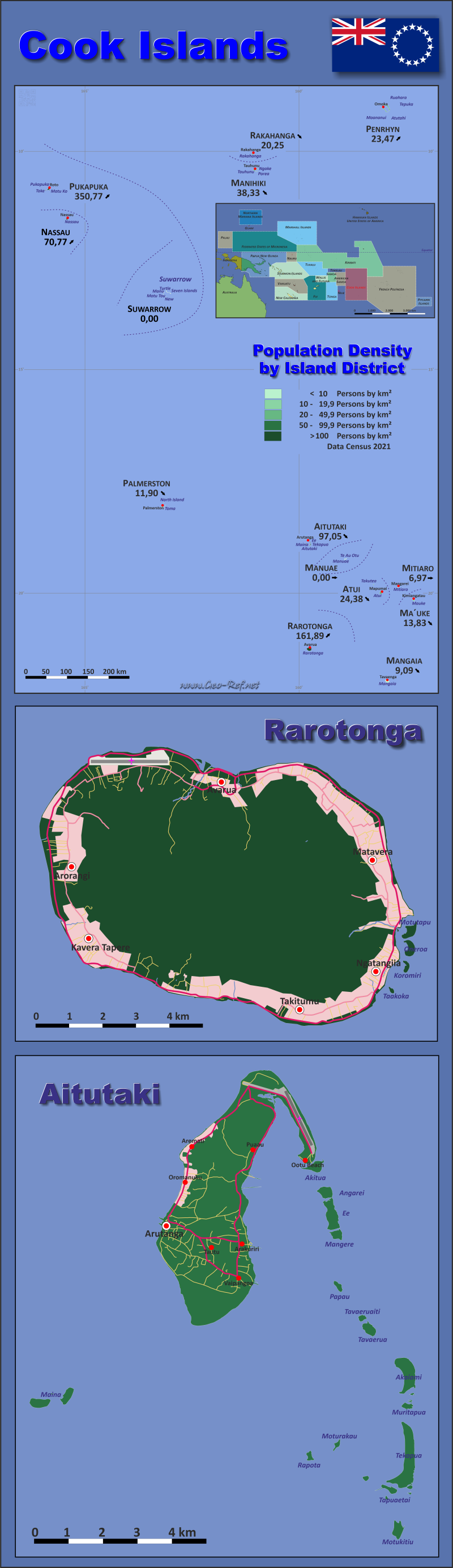 Mapa Islas Cook División administrativa - Densidad de población 2016