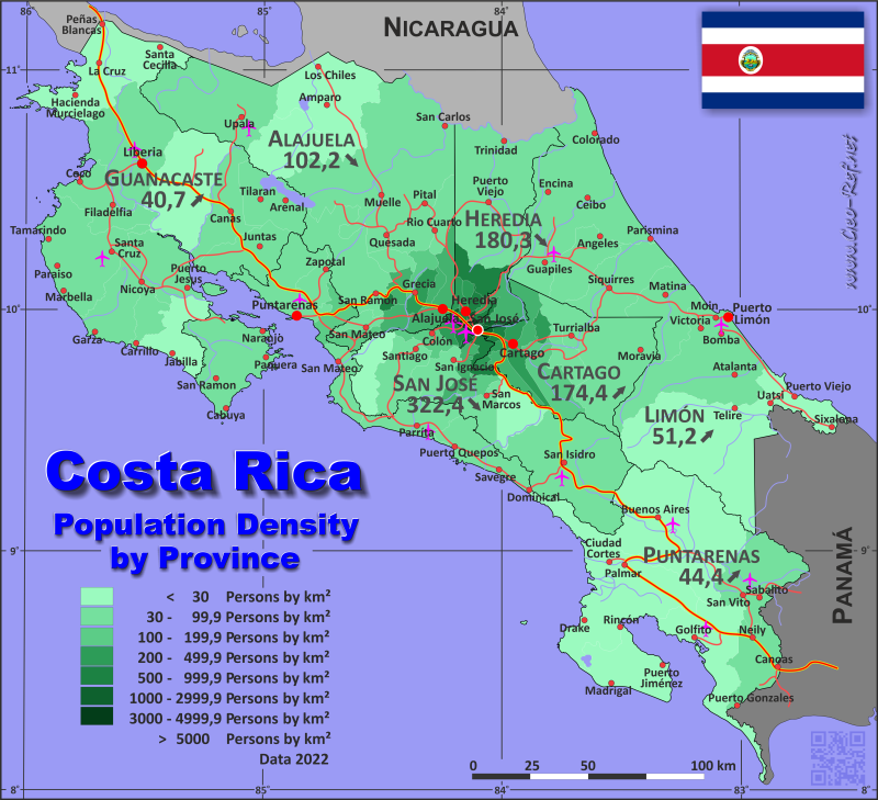 Mapa Costa Rica División administrativa - Densidad de población 2022