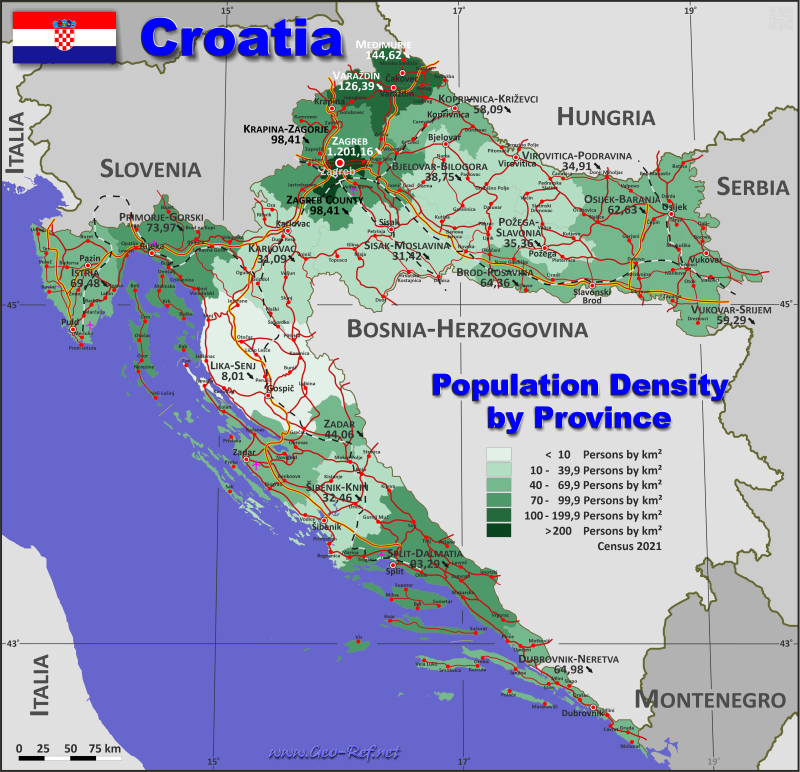 Mapa Croacia División administrativa - Densidad de población 2021