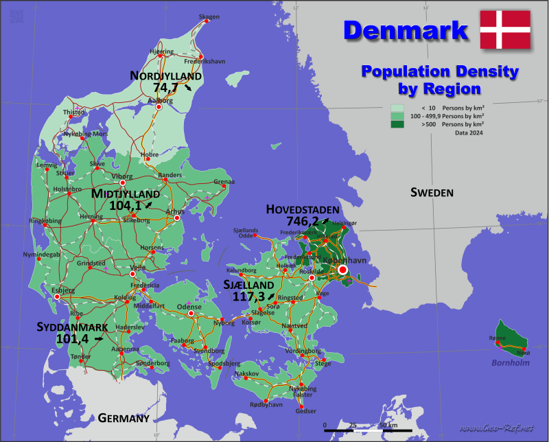 Map Denmark - Administrative division - Population density 2022