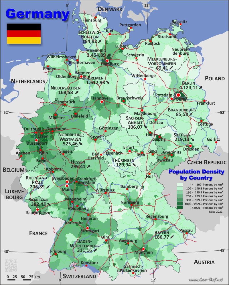 Mapa Alemania División administrativa - Densidad de población 2021