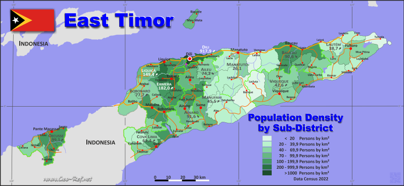 Mapa Timor Oriental División administrativa - Densidad de población 2015