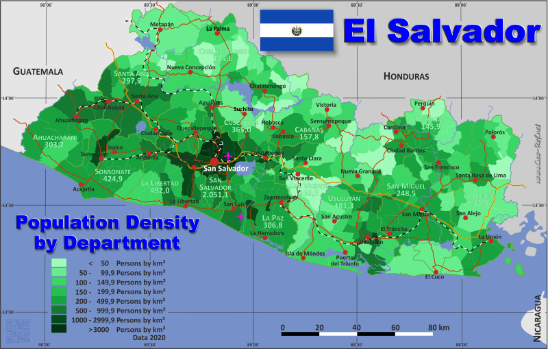 Mapa El Salvador División administrativa - Densidad de población 2020