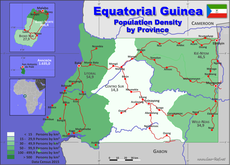 Karte quatorialguinea - Verwaltungsstruktur - Bevölkerungsdichte 2015