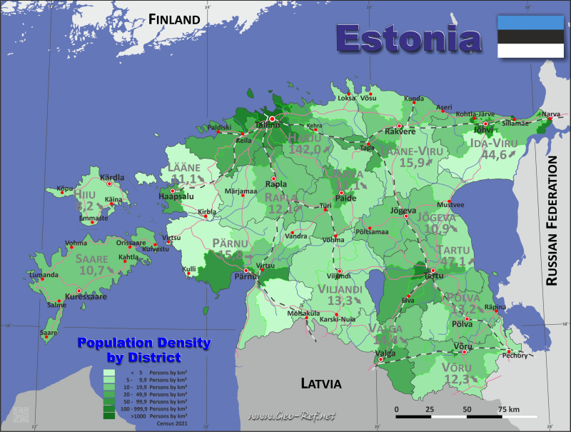 Karte Estland - Verwaltungsstruktur - Bevölkerungsdichte 2021