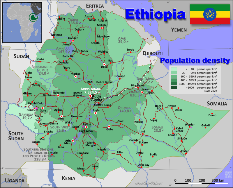 Mapa Etiopía División administrativa - Densidad de población 2022