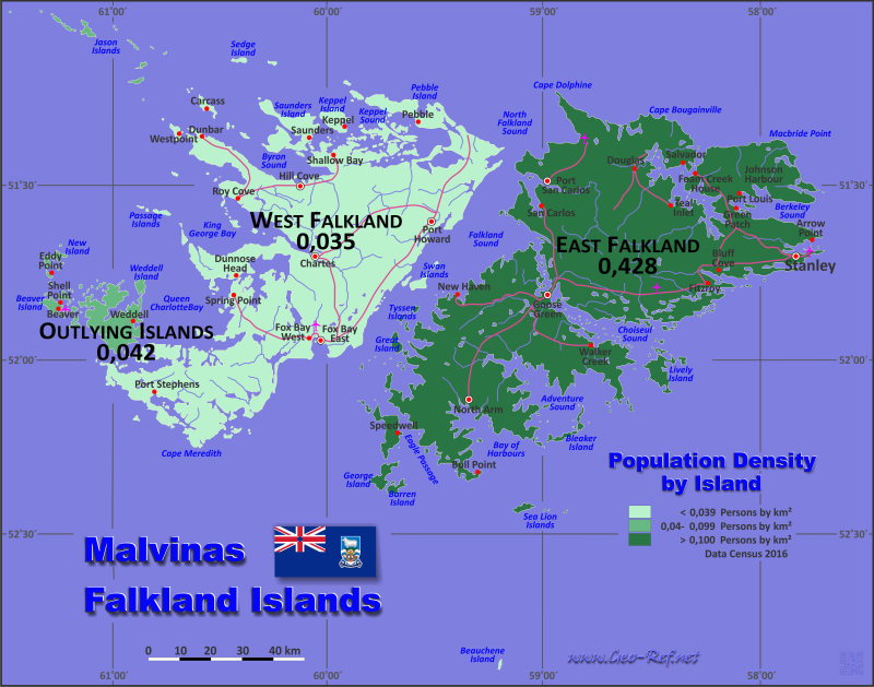 Karte Falkland Inseln - Verwaltungsstruktur - Bevölkerungsdichte 2016