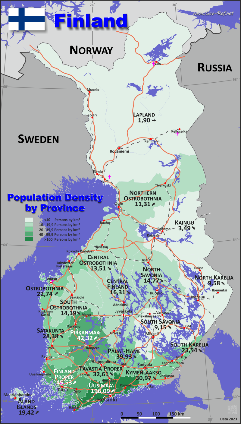 Mapa Finlandia División administrativa - Densidad de población 2022