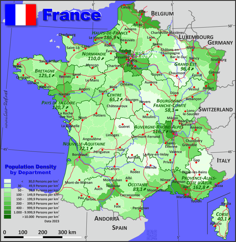 Karte Frankreich - Verwaltungsstruktur - Bevölkerungsdichte 2022