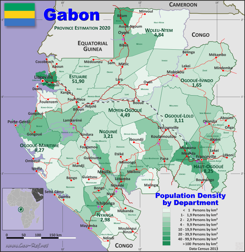 Karte Gabun - Verwaltungsstruktur - Bevölkerungsdichte 2020