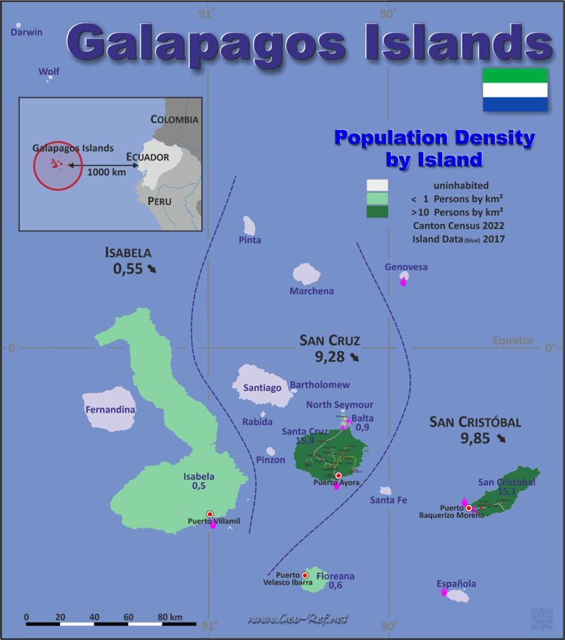 Karte Galapagos Inseln - Verwaltungsstruktur - Bevölkerungsdichte 2020
