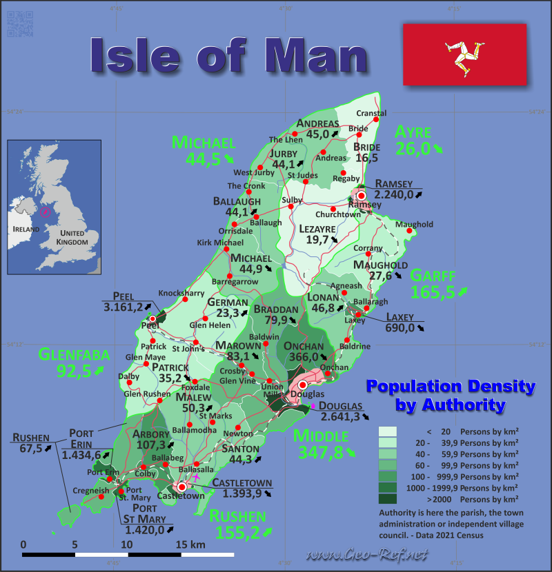 Karte Insel Man - Verwaltungsstruktur - Bevölkerungsdichte 2021