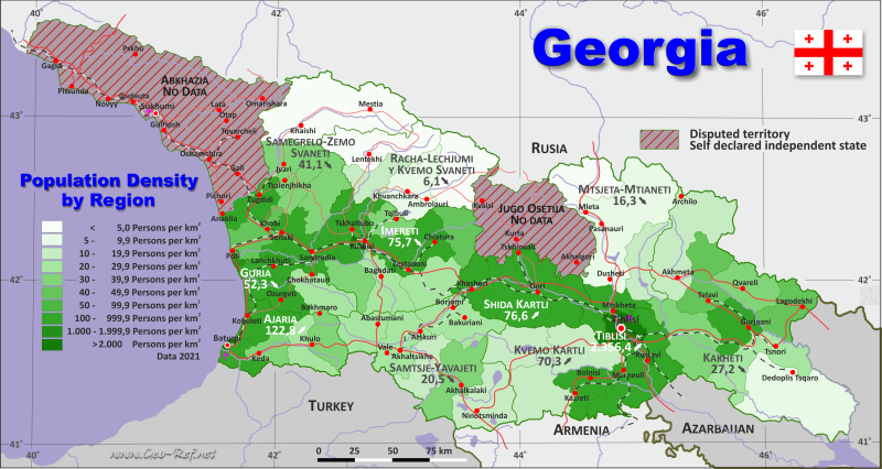 Karte Georgien - Verwaltungsstruktur - Bevölkerungsdichte 2020