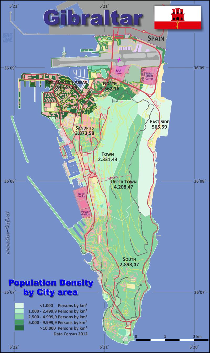 Karte Gibraltar - Verwaltungsstruktur - Bevölkerungsdichte 2020