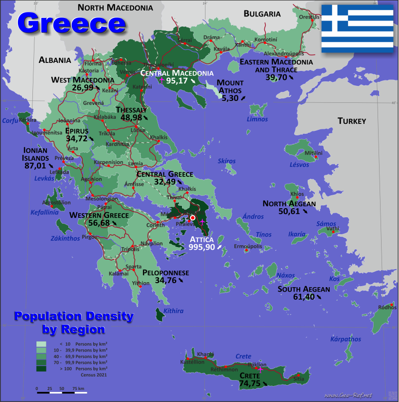 Mapa Grecia División administrativa - Densidad de población 2020
