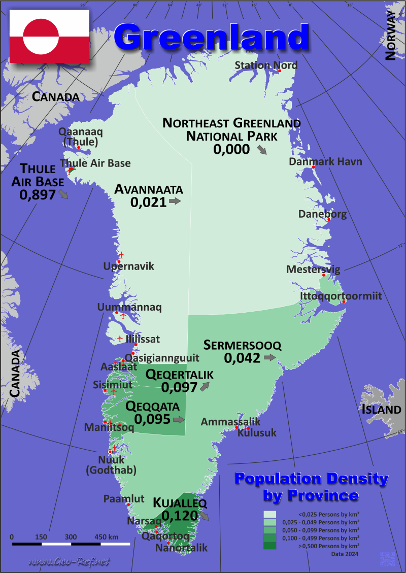 Mapa Groenlandia División administrativa - Densidad de población 2022