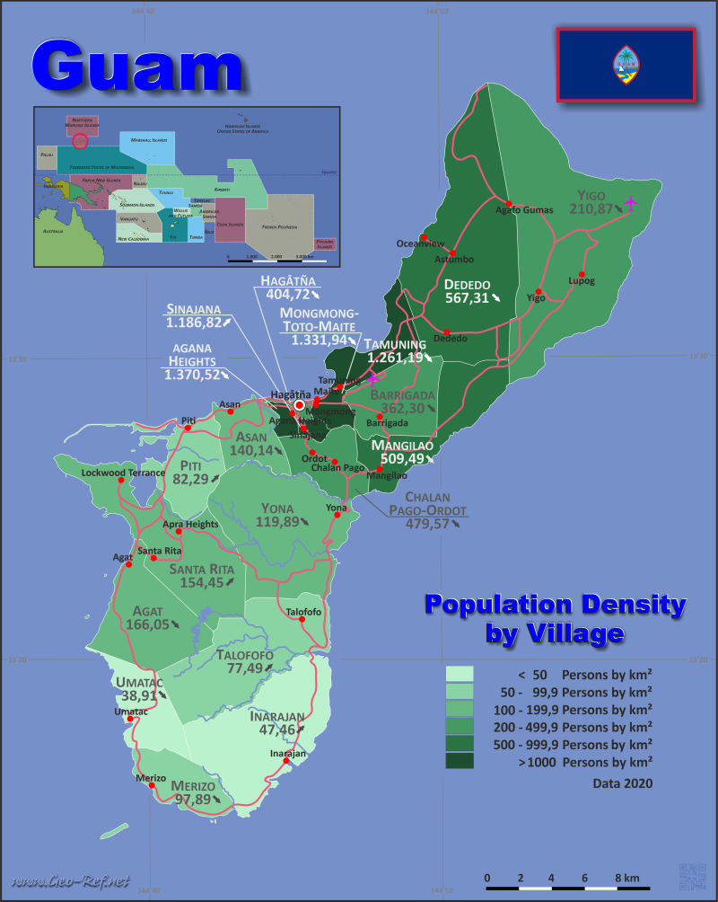 Mapa Guam División administrativa - Densidad de población 2020