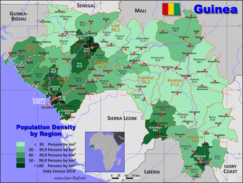 Karte Guinea - Verwaltungsstruktur - Bevölkerungsdichte 2014