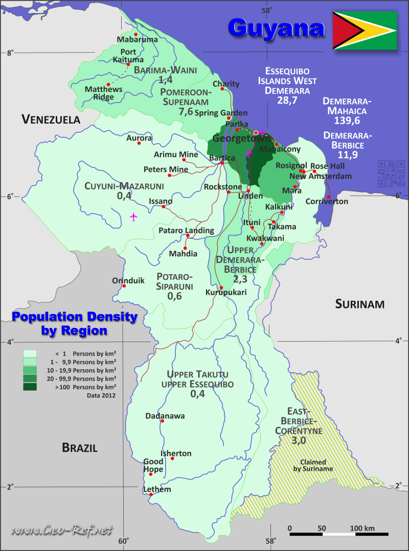 Mapa Guayana División administrativa - Densidad de población 2020