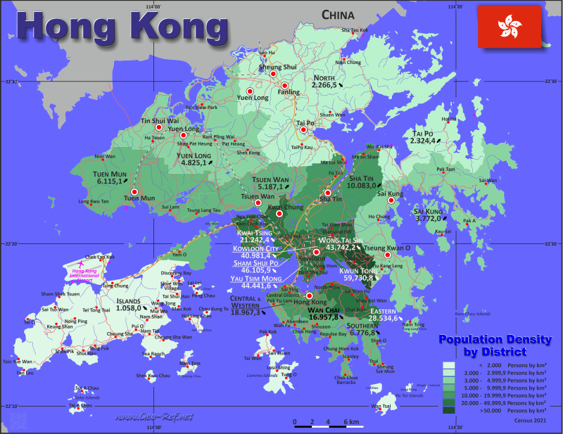 Mapa Hong Kong División administrativa - Densidad de población 2021